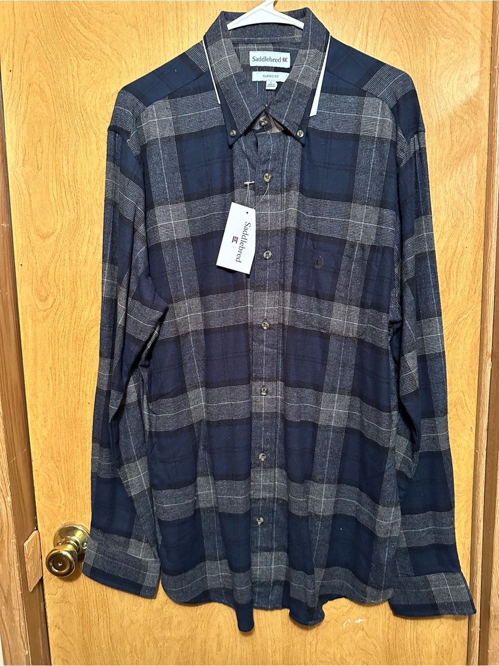 Saddlebred Navy and Gray Plaid Flannel Button-Down Shirt size L